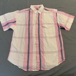 Shark Safari Shirt Mens Medium Pink White Blue Vertical Stripe Button Up Cotton